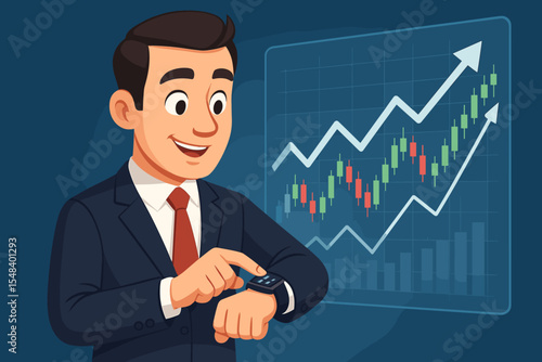 Smiling Businessman Monitoring Stock Market on Smartwatch with Financial Candlestick Graph and Upward Trend on Virtual Screen for Investment Growth, Success, Trading, and Analytics.