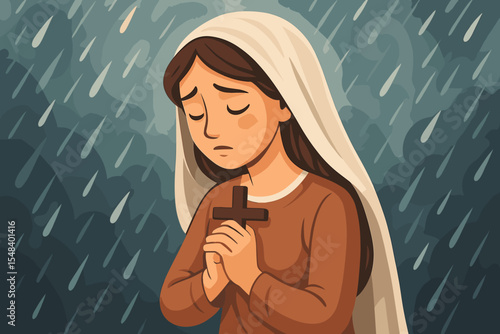 Christian woman praying with a cross, expressing faith and seeking forgiveness. Sad, devout girl in the rain, a concept of hope, belief in God, and spirituality. Religious worship.