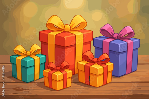 Colorful wrapped gift boxes with ribbons on a rustic wooden surface. Vector cartoon illustration of festive presents for a birthday, Christmas, holiday celebration. Surprise concept.