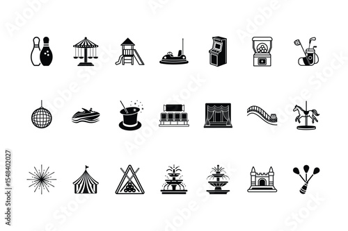 Amusement Park Icons: A comprehensive collection of amusement park icons, perfect for websites, apps, and marketing materials.  The icons depict a variety of attractions, including classic rides.