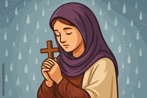 Devout Christian woman praying while holding a wooden cross. Religious vector illustration about faith, hope, and devotion. Concept for Easter, Lent, sorrow, and belief.