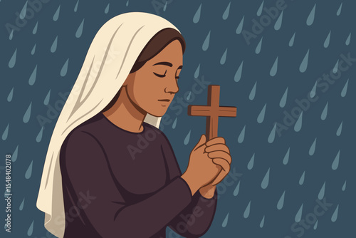 Devout Christian woman praying, holding wooden cross in hand. Concept for faith, religion, hope and belief. Easter, Lent, Good Friday. Spirituality and worship, sadness or sorrow.