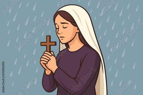 Devout Christian woman holding a cross and praying in the rain. Concept for religion, faith, hope, Lent, Easter. Symbol of grief, repentance, sadness, and salvation. Vector art.