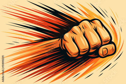 Powerful punching fist with speed lines and motion blur. Dynamic vector illustration in comic book style. Symbolizing strength, impact, speed, and force. Fight concept.