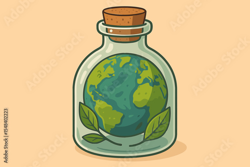 Earth globe in a glass bottle, a metaphor for environmental conservation, sustainability, and ecology. Protecting our fragile planet, nature, and ecosystem. Earth Day vector icon.