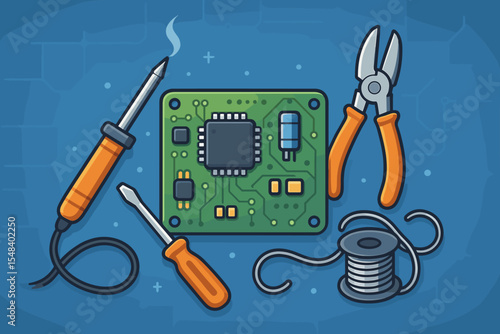 Tech maintenance and hardware service. Electronic circuit board repair concept with tools. Soldering iron, pcb, microchip, and pliers for fixing technology. Vector illustration.