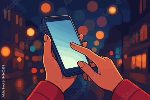 Woman's hands using smartphone on a city street at night. POV vector illustration of mobile phone use with colorful bokeh lights. Concept for communication, social media, app.