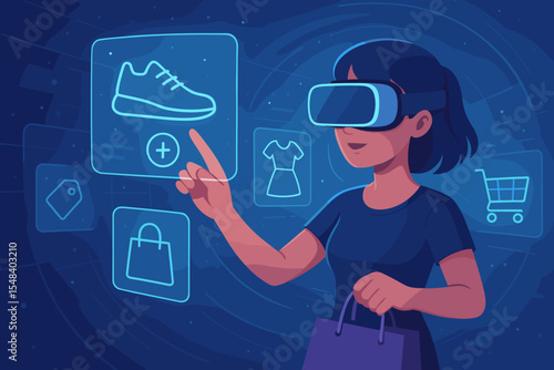 Virtual reality online shopping experience. Woman with VR headset selects sneakers in futuristic digital interface. E-commerce innovation, augmented reality, digital retail marketing technology