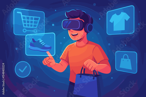 Futuristic online shopping experience with virtual reality interface, digital retail technology, interactive ecommerce, touchscreen clothing and shoe selection, modern consumer illustration