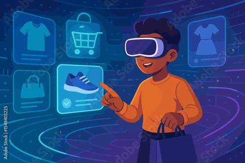 Futuristic online shopping vector, cartoon person using virtual reality interface for digital retail experience, selecting shoes, interactive holographic ecommerce concept illustration