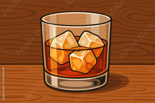 Whiskey or bourbon glass with ice cubes on wooden bar background. Realistic vector illustration. Classic cocktail drink. Alcoholic beverage. Elegant bar scene. Nightlife party concept.