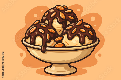 Delicious vanilla ice cream sundae with chocolate sauce and crunchy almond topping in dessert bowl. Cartoon vector illustration. Sweet treat, creamy dessert, nutty garnish, food concept