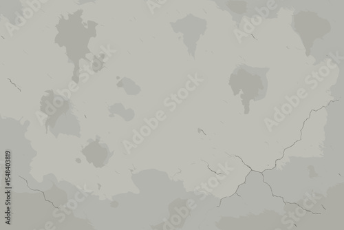 Vector illustration of a modern light gray cement wall with stained stucco texture. Grunge architectural background with cracks and damp spots. Concrete plaster surface backdrop.