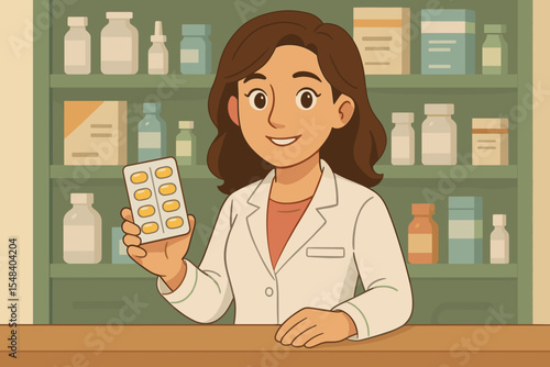 Female pharmacist at pharmacy counter holding blister pack of medicine tablets, medication and pharmaceutical consultation concept, drugstore interior background, vector cartoon illustration