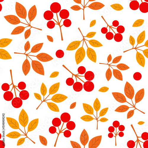 Colorful autumn leaves and berries pattern on a white background for seasonal design projects