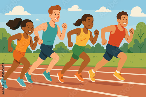 Group of Diverse Runners Competing in Track and Field Race. Athletic Competition, Outdoor Sport Event, Fitness Training, Healthy Lifestyle, Youth Teamwork, Running on Stadium Track Vector Illustration