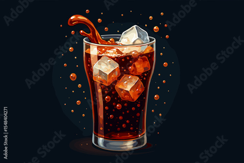Fizzy Cola Soda Splash with Ice Cubes and Bubbles in Glass on Dark Background. Refreshing Carbonated Beverage Vector Illustration. Cold Drink, Soft Drink, Summer Thirst Quencher Concept