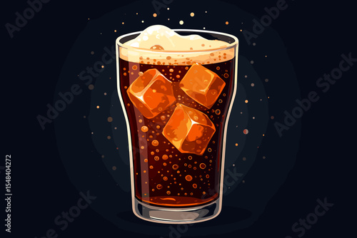 Fizzy cola soda in glass with ice cubes and foam, sparkling bubbles, refreshing cold beverage, carbonated drink, nightlife party concept, realistic vector illustration on dark background