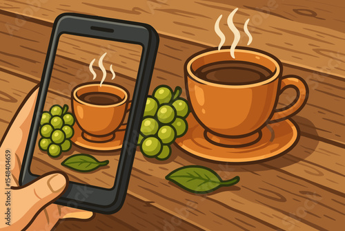 Hand holding smartphone taking photo of steaming tea cup, green grapes, and leaf on rustic wooden table. Food photography concept. Cartoon vector illustration for cafe, social media, breakfast