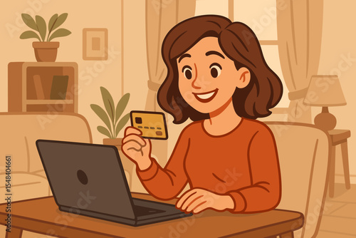 Woman shopping online at home, holding gold credit card and using laptop on table in cozy living room interior, plants and bookshelf in background, secure e-commerce payment vector illustration