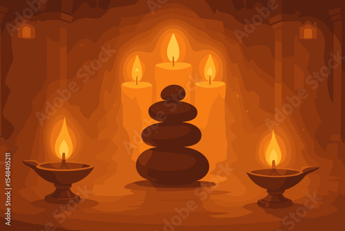 Tranquil Meditation Temple Scene with Glowing Oil Lamps, Zen Stone Stack, Burning Candles, Warm Ambient Light, Spiritual Peaceful Sanctuary, Mindfulness, Relaxation, Vector Illustration