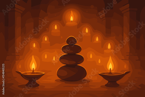 Serene Meditation Temple Interior with Glowing Candles, Oil Lamps, Zen Balancing Stones, Peaceful Spiritual Sanctuary, Warm Orange Ambience, Relaxation and Mindfulness Vector Illustration