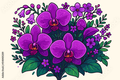 Vibrant Purple Orchid Bouquet. Exotic Flowers and Leaves. Colorful Botanical Arrangement. Cartoon Vector Illustration. Lush Flora, Petal Diversity, Decorative Design, Blossoming Nature Art