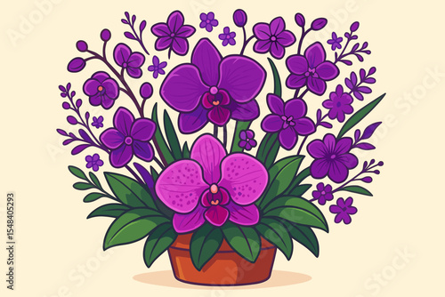 Vibrant Purple Orchid Bouquet in Pot. Lush Exotic Tropical Flowers Arrangement. Cartoon Botanical Vector Illustration. Decorative Indoor Plant. Nature Bloom. Floral Diversity. No Text