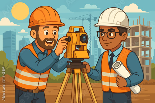 Engineers Surveying Construction Site with Theodolite Equipment, Urban City Background, Safety Helmets, Blueprints, Teamwork, Daylight, Modern Building Project, Vector Cartoon Illustration