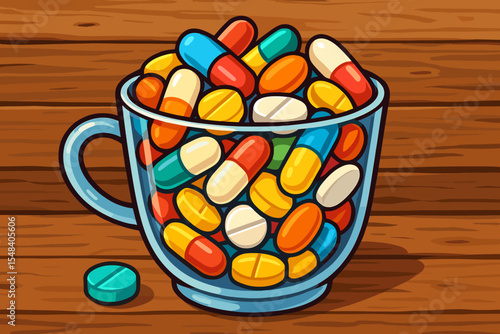 Colorful Capsule and Tablet Assortment Overflowing in Glass Cup on Rustic Wooden Table. Cartoon Vector Illustration of Mixed Medicine, Pharmaceutical Drugs, Vitamins, Healthcare Concept
