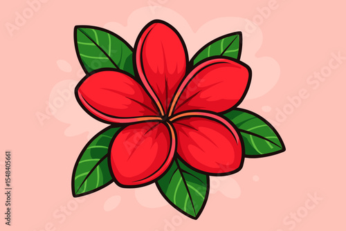 Exotic Red Frangipani Flower with Green Leaves on Soft Pink Background. Tropical Vector Illustration. Vibrant Plumeria Blossom. Botanical Design for Nature, Summer, Floral Art, Decoration
