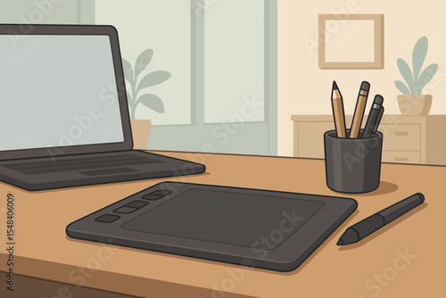 Modern digital workspace with wireless drawing tablet, stylus pen, open laptop, pencil holder on wooden office desk. Creative home office design concept. Vector cartoon illustration, no text