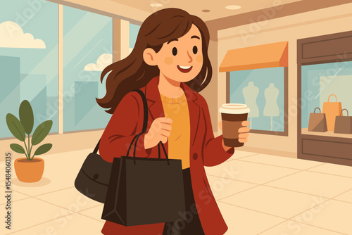 Happy woman shopping at modern mall holding coffee cup and shopping bags. Black Friday sale, retail therapy, leisure activity, stylish female customer in trendy clothes. Vector illustration
