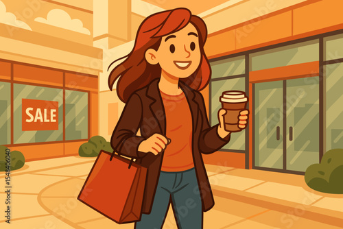 Smiling woman shopping at mall holding coffee cup and bag, casual fashion, retail sale, Black Friday deal, modern lifestyle, outdoor shopping center, vector cartoon illustration