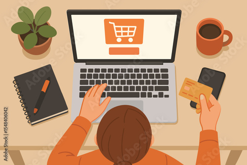 Top view woman online shopping at desk with laptop, gold credit card, smartphone, coffee, notebook, plant. E-commerce home workspace. Digital payment, internet purchase, vector illustration