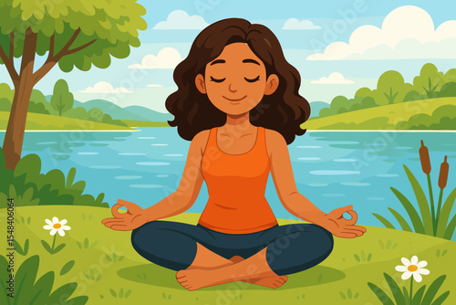 Woman practicing yoga and meditating in nature by a lake. Girl in lotus pose for mindfulness, peace, and relaxation. Concept of healthy lifestyle, harmony, and wellness. Cartoon vector.