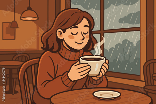 Woman enjoying hot coffee in a cozy cafe on a rainy day. Girl relaxing with a warm drink by the window. Concept of hygge, comfort, and peaceful moments. Vector cartoon illustration.