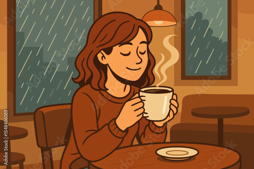 Woman enjoying hot coffee in a cozy cafe on a rainy day. Girl relaxing with a warm mug. Hygge lifestyle concept of comfort and warmth. Quiet moment in a coffee shop. Vector.