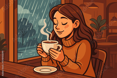 Happy woman enjoying hot coffee in a cozy cafe on a rainy day. Girl relaxing in a sweater with a warm drink by the window. Hygge lifestyle, comfort, and relaxation concept vector.