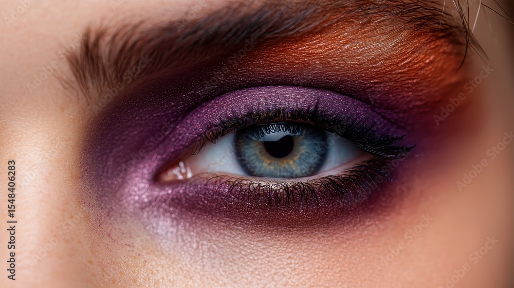 Obraz premium A close-up view of a beautifully crafted eye makeup showcasing vibrant colors, blending purple, orange, and pink tones that accentuate the model's stunning features.