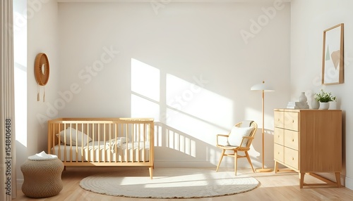 3d japandi nursery with geometric wall art and natural wood crib in soft minimal interior for peaceful baby room design