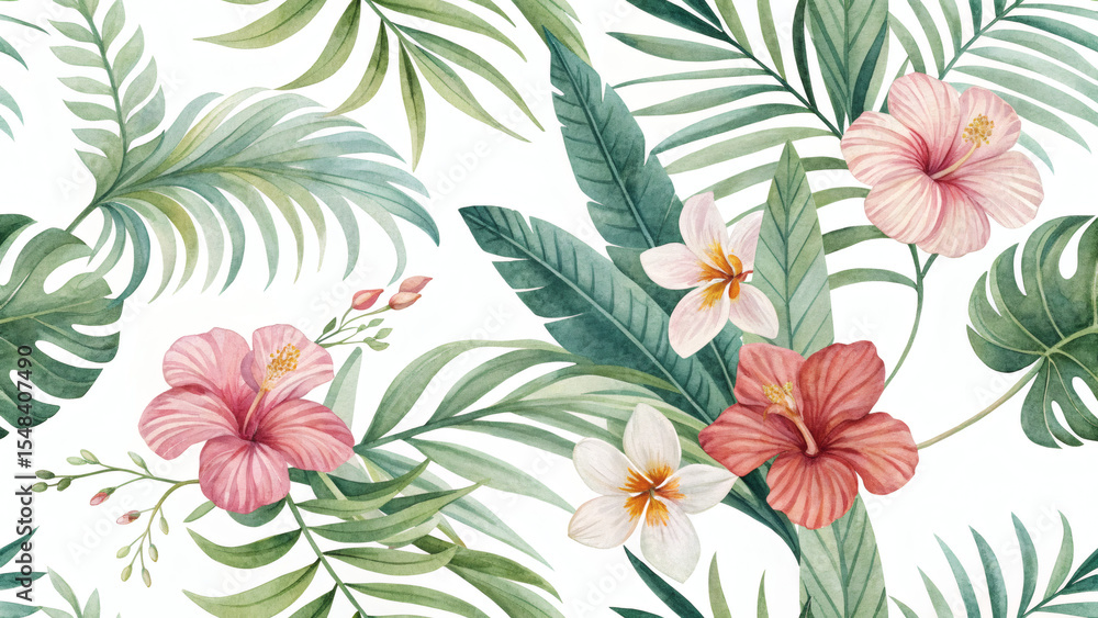 Watercolor Tropical Seamless Pattern with Palm Leaves and Exotic Flowers
Watercolor Tropical Seamless Pattern with Palm Leaves and Exotic Flowers