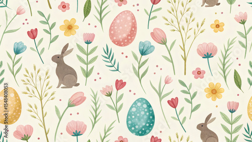 Watercolor Easter Seamless Pattern with Painted Eggs and Bunny Silhouettes