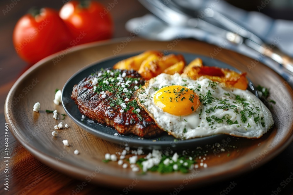 Perfectly Grilled Steak and Sunny Side Up Egg with Golden Potato Wedges A Hearty Breakfast or Dinner Perfectly Grilled Steak and Sunny Side Up Egg with Golden Potato Wedges A Hearty Breakfast or Dinner