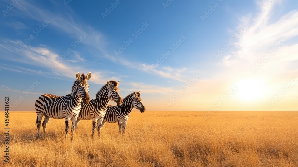 Fototapeta premium A stunning image of three zebras standing together in a golden grass field under a beautiful sky, symbolizing unity and nature's beauty in a serene landscape.