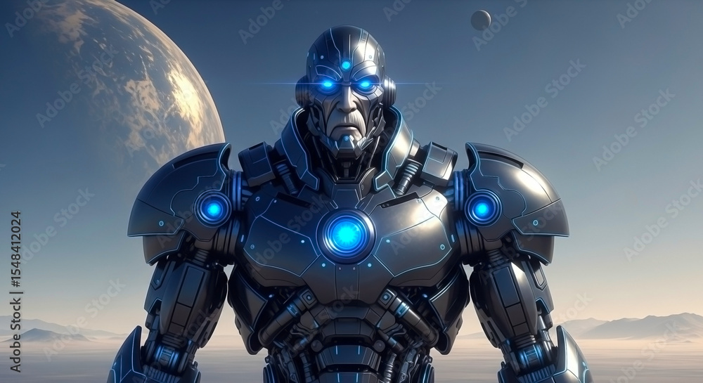 Naklejka premium Science fiction artwork of a futuristic metallic robotic mecha android grandpa warrior