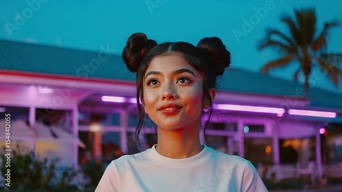A smiling woman with space buns hairstyle looking up to the sky in the street at the nighttime. The scene has neon light atmosphere.