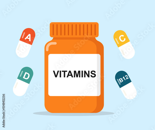 Vitamins Bottle with Floating Capsules, Health and Nutrition Vector Illustration
