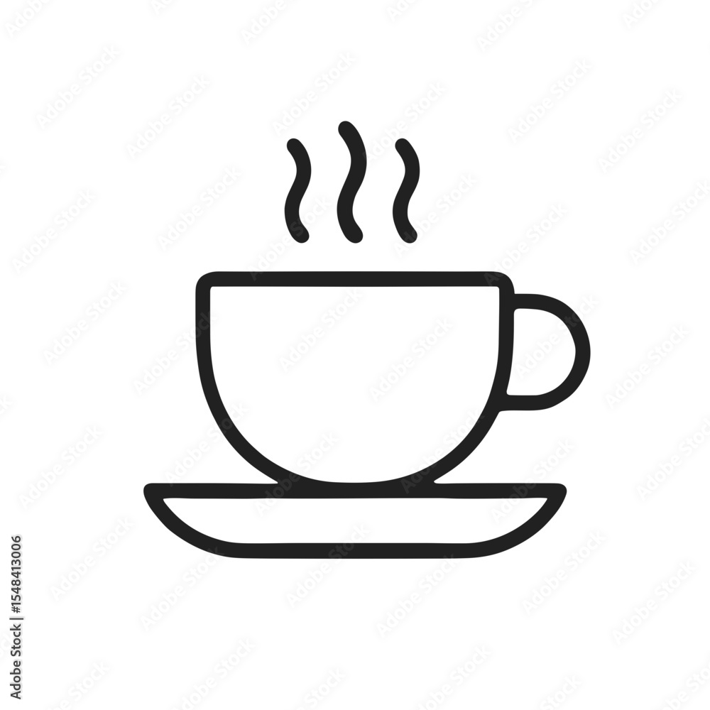 Hot coffee cup line icon – Minimal outline drink on saucer Hot coffee cup line icon – Minimal outline drink on saucer