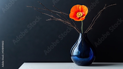 Hyper realistic 3d render Single Orange Poppy in Blue Glass Vase: Minimalist Floral Arrangement Photo AI Generative